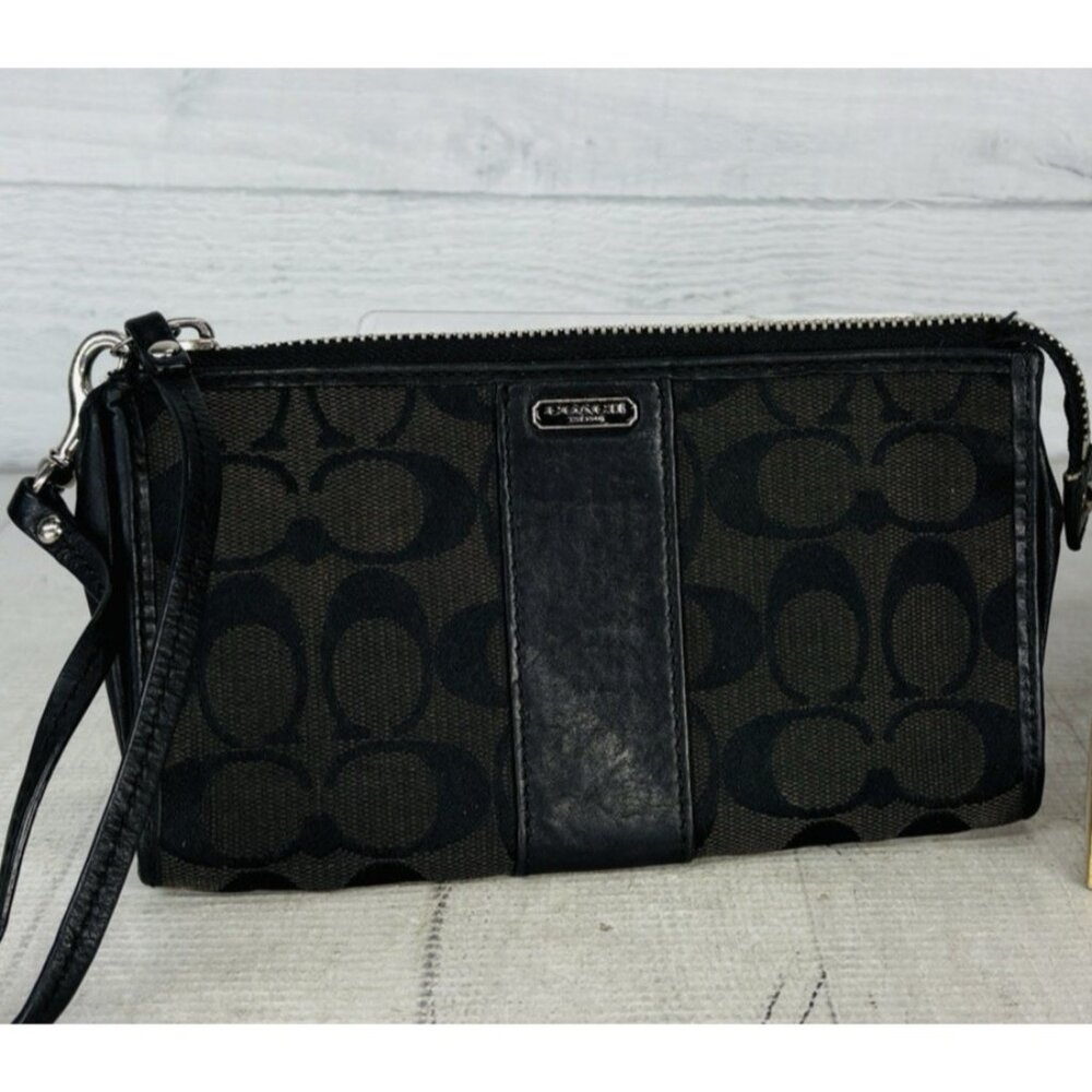 Coach Signature Jacquard Black Leather Trim 8"x4.5" Zip Pouch Wristlet Clutch